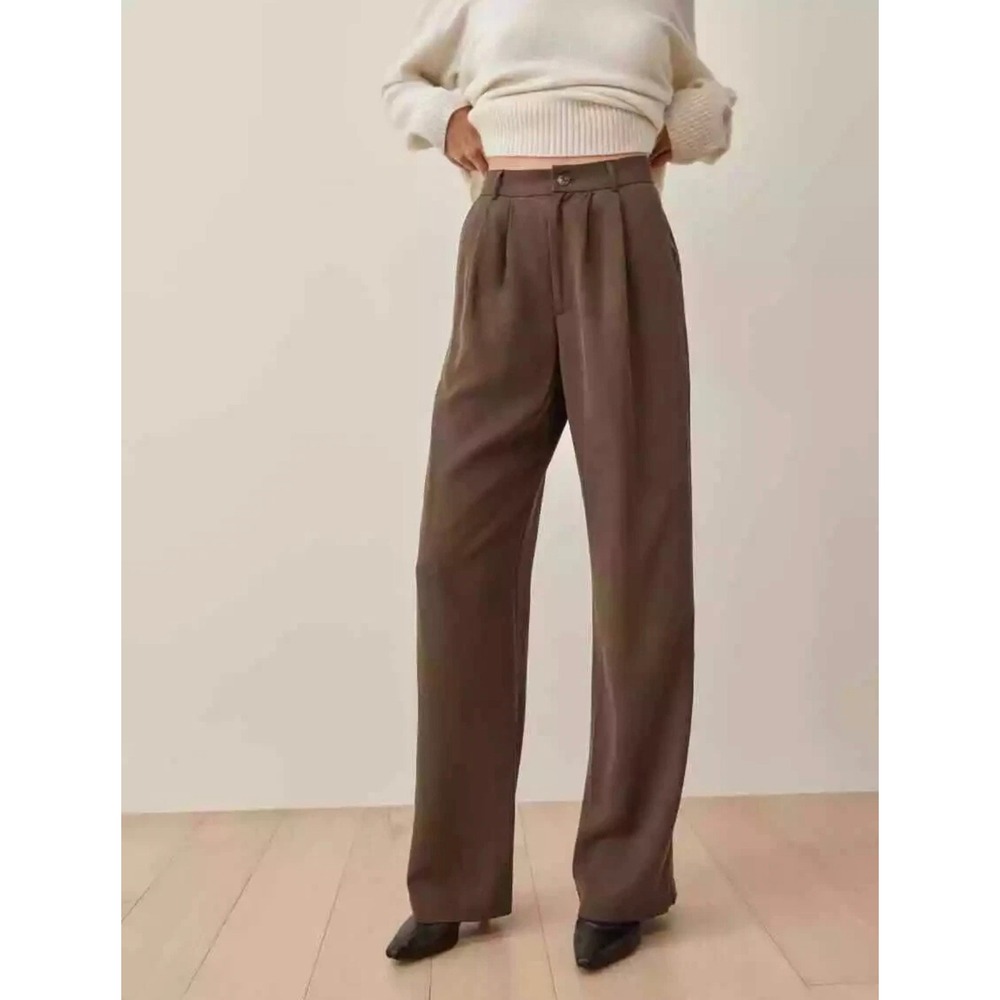 REFORMATION Mason Pants Women 8 Brown Pleated High Waist Wide Leg Trouser